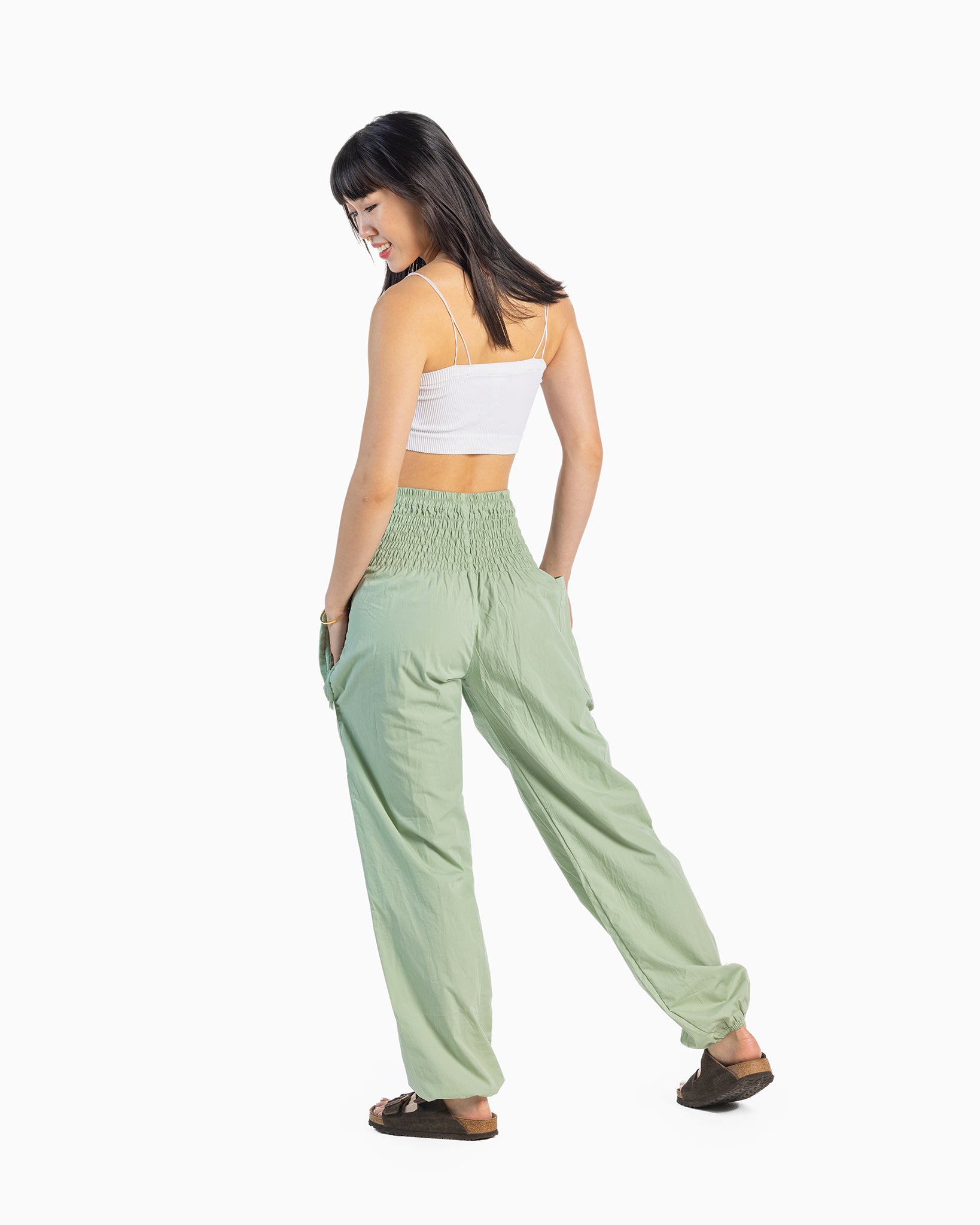 asian model in harem pants #color_sage