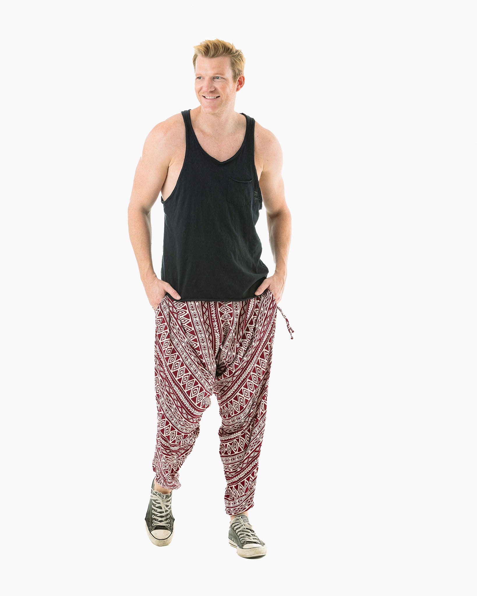 mens harem pants #color_red triangle tribal