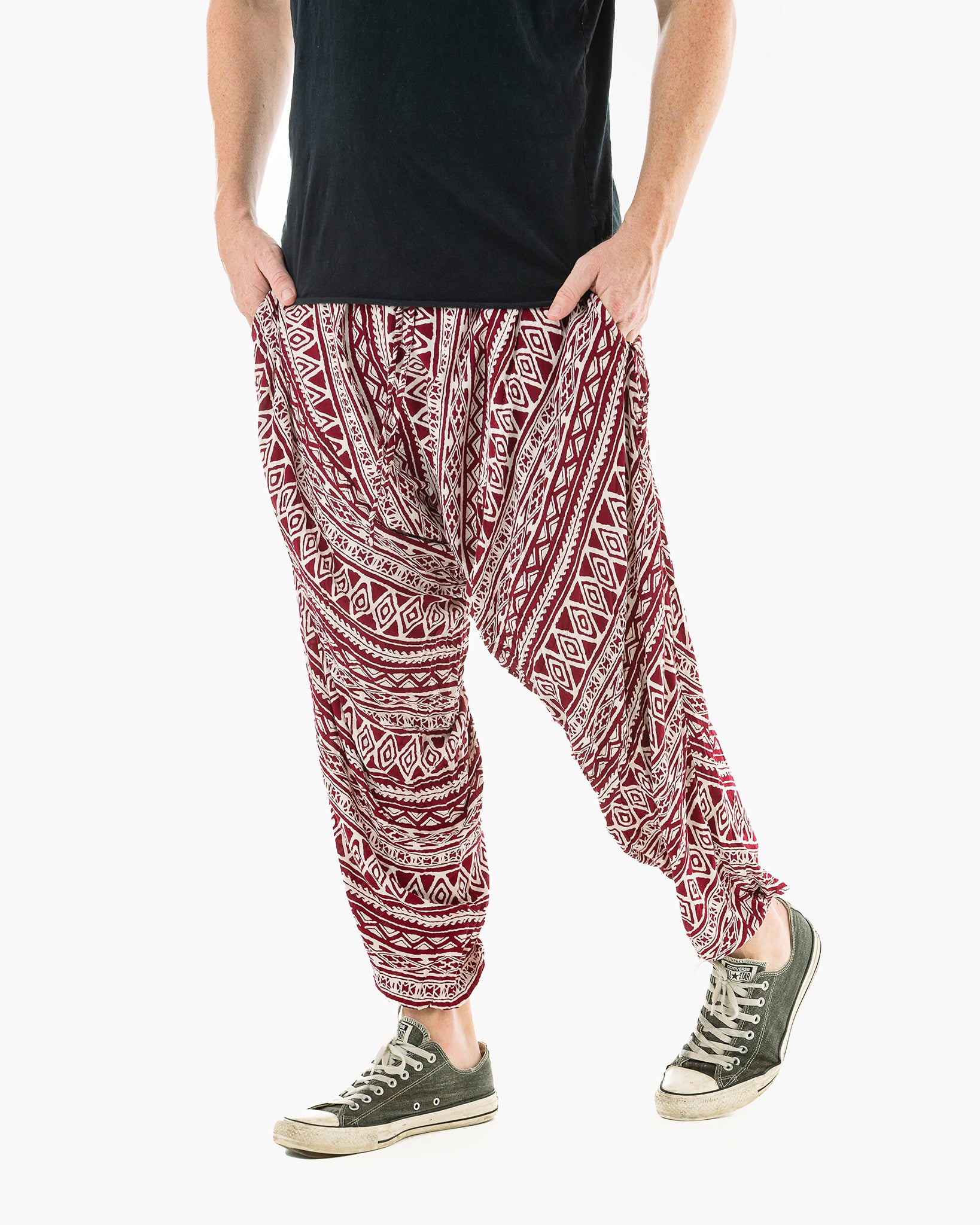 mens harem pants #color_red triangle tribal