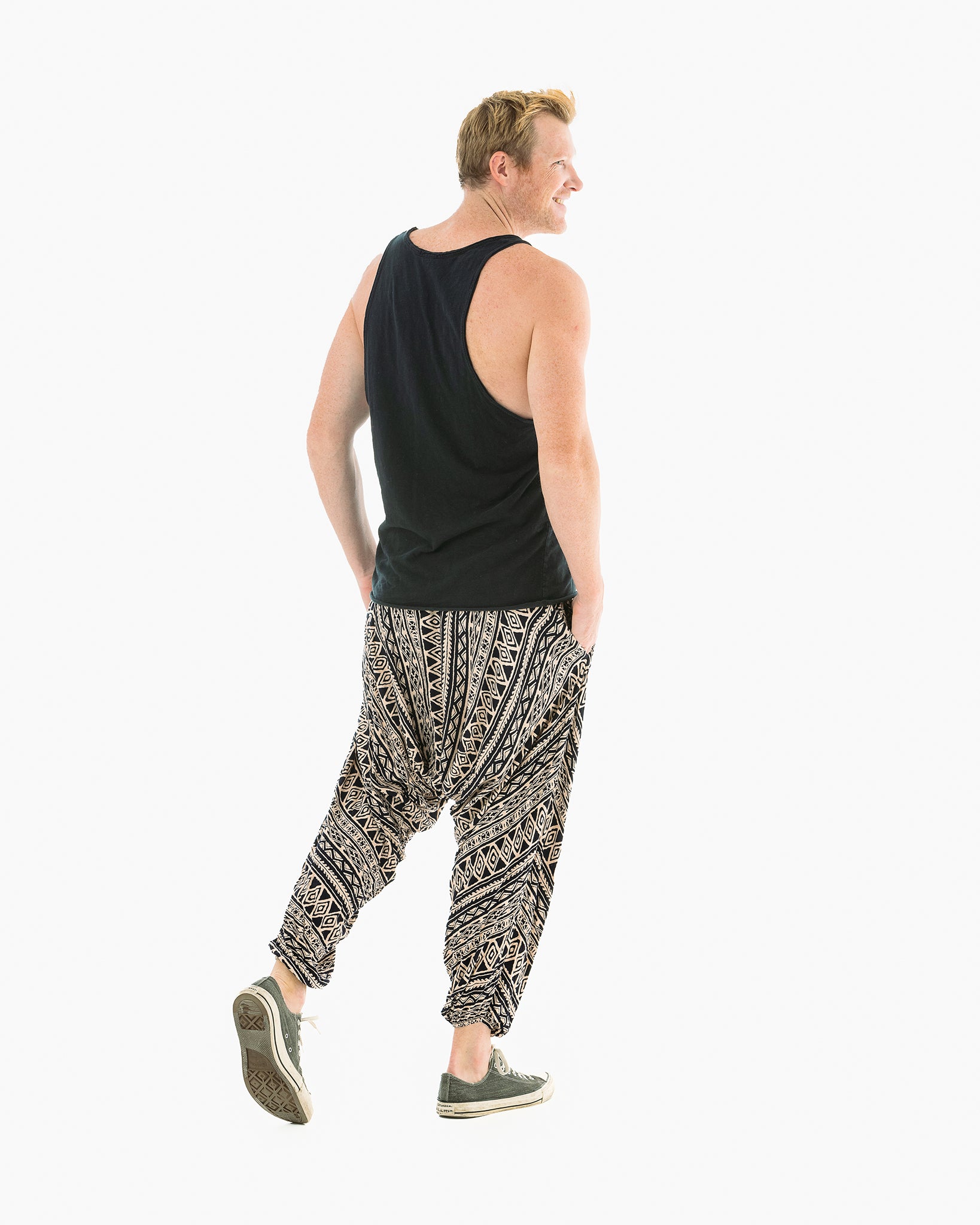 mens harem pants #color_beige triangle tribal