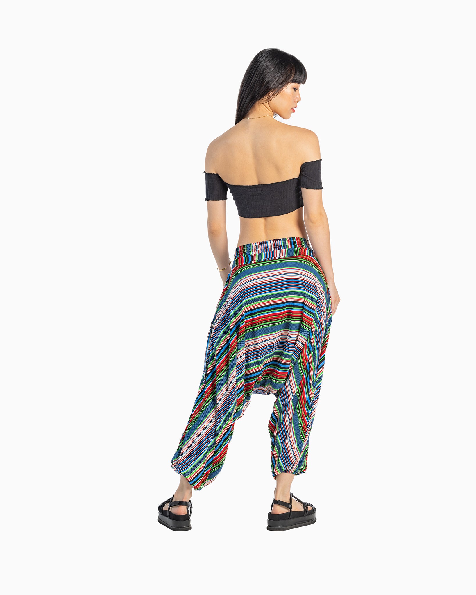 harem pants women#color_blue stripes